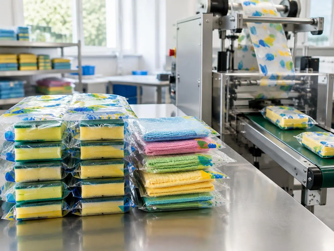 Schwämme und Reinigungstücher in bedruckten Flowpack-Beuteln neben der Verpackungsmaschine