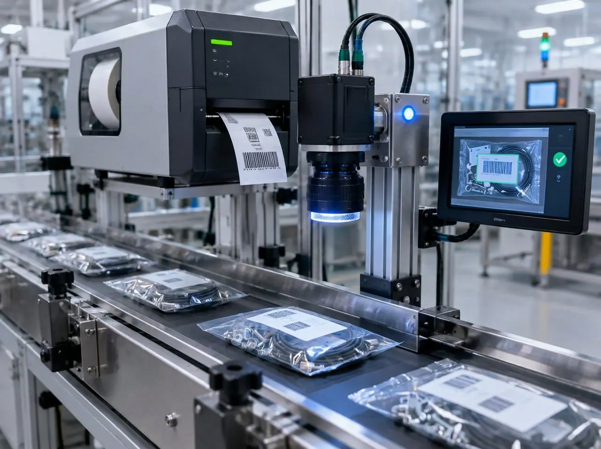 Etikettendrucker und Vision-Kamera prüfen versiegelte Beutel mit Barcode auf der Verpackungslinie