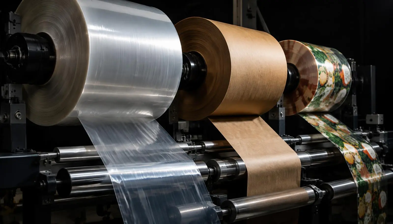 Rollen mit transparenter Folie, Papier und bedrucktem Verpackungsmaterial an der Abwicklung
