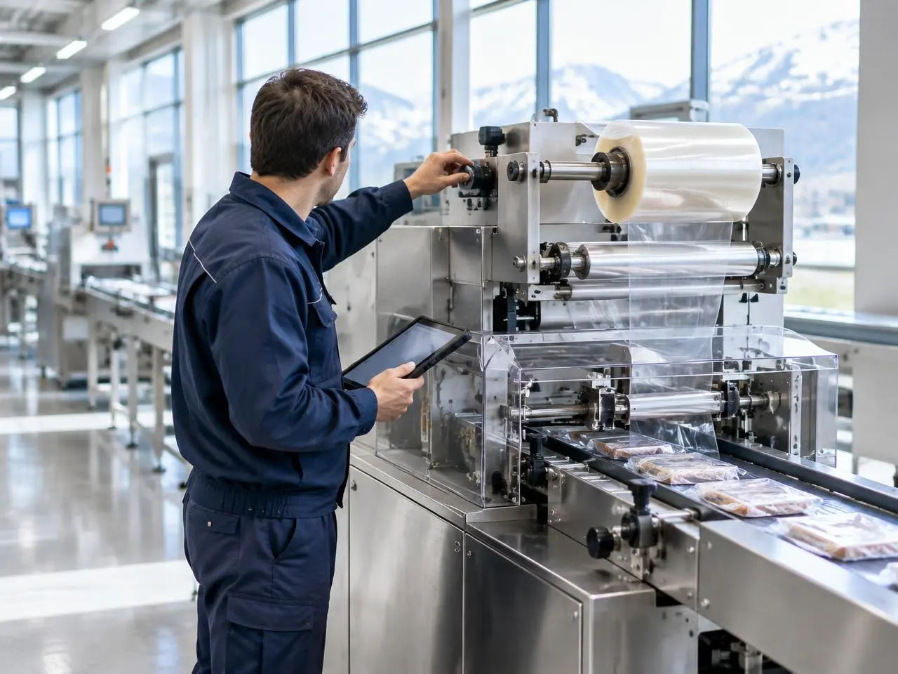 Servicetechniker stellt eine Flowpack-Verpackungsmaschine mit dem Tablet ein