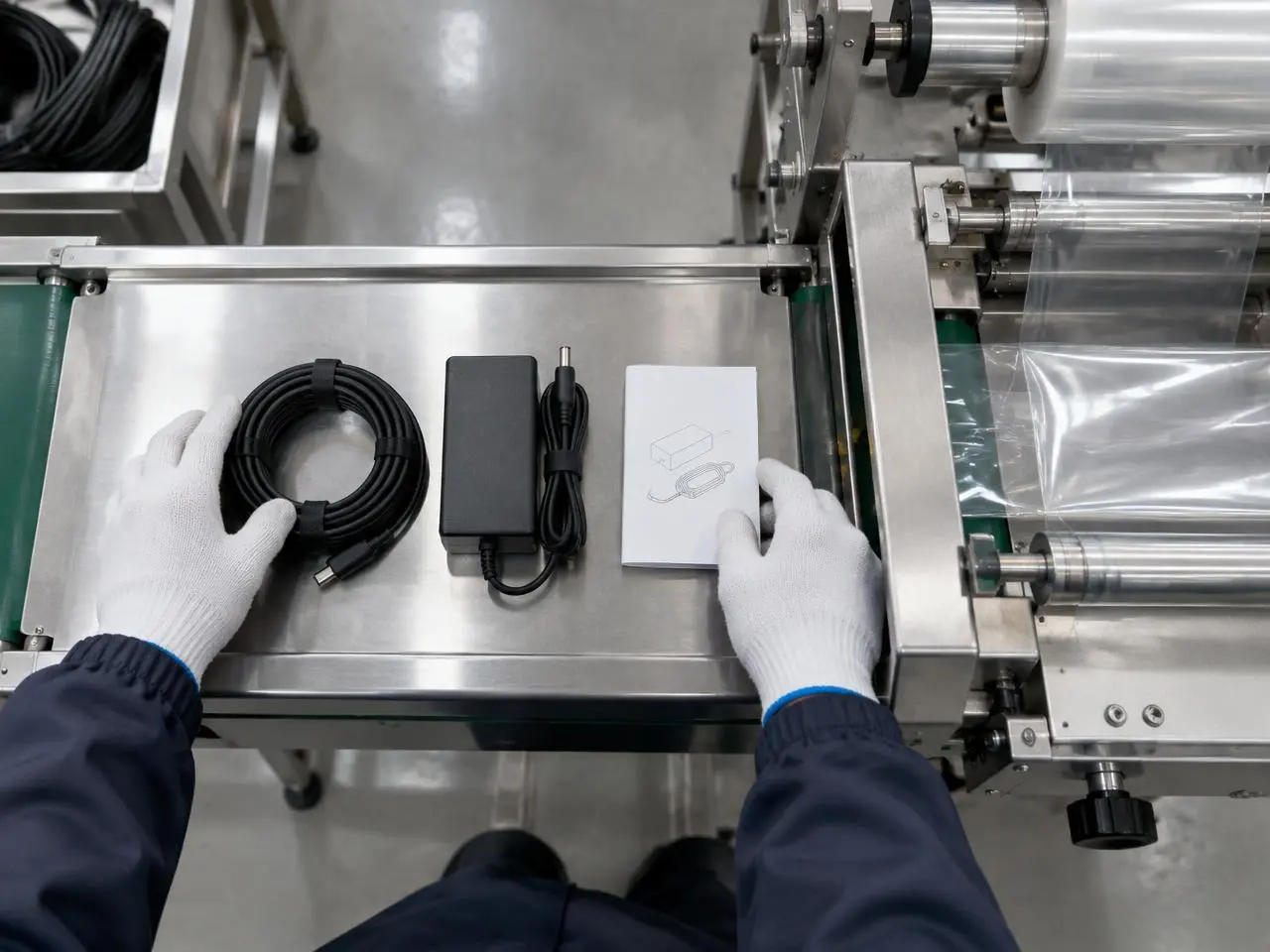 Kabel, Netzteil und Anleitung werden als Set auf dem Zuführband vor der Flowpack-Maschine zusammengestellt